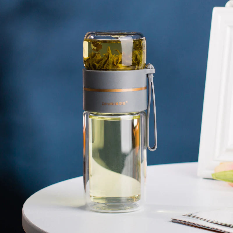 Glass Water Bottle with Tea Infuser Filter Tea Separation Double Wall Glass Bottle Leakproof Water Bottle